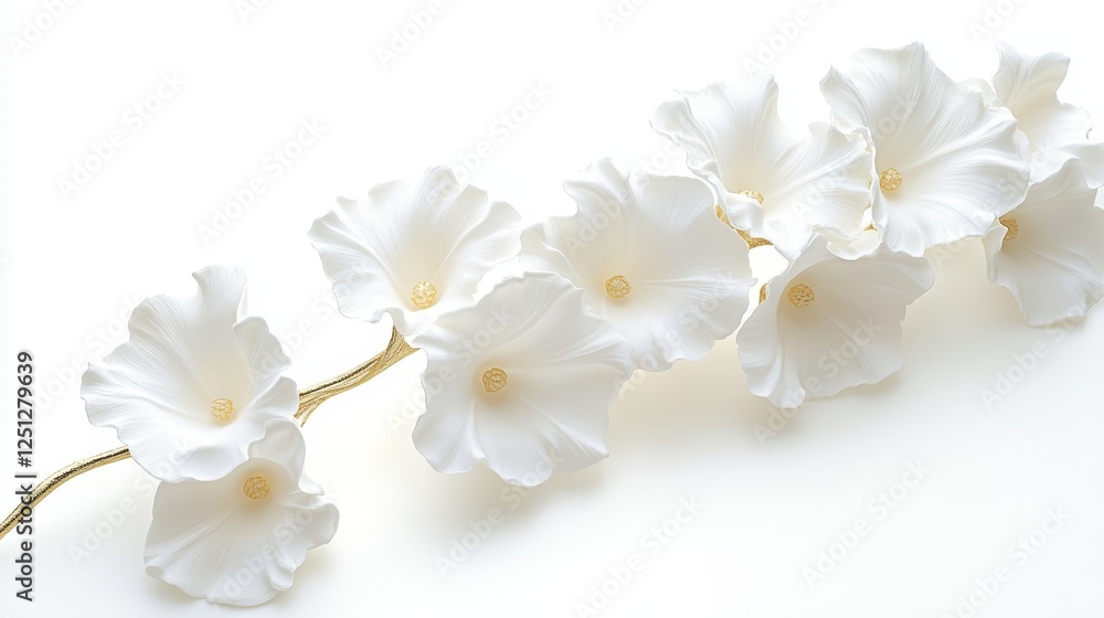 Arrangement of Delicate, White Sculpted Blossoms on a Thin Gold Stem, Isolated on White Arrangement of Delicate, White Sculpted Blossoms on a Thin Gold Stem, Isolated on White