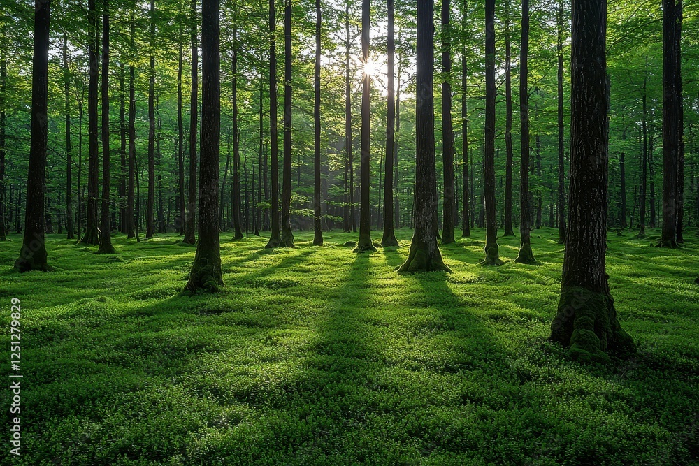 Obraz premium Tranquil Forest Scene with Lush Greenery and Soft Sunlight Filtering Through Tall Trees in a Serene Natural Environment