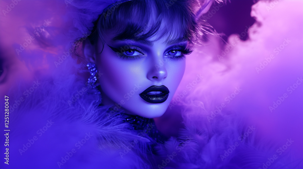 Fototapeta premium Mystical elegance in violet haze: enchanting portrait of a glamorous woman with dramatic makeup, perfect for luxury branding, fashion editorials, and fantasy-inspired visuals