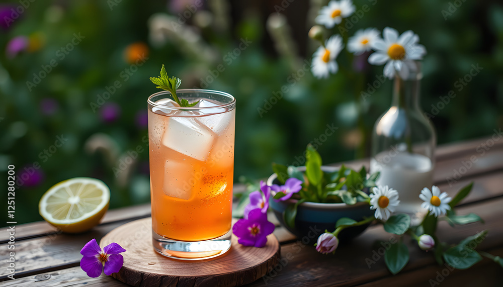 Cold Boozy English Garden Cocktail, mindfulness theme. with white shades Cold Boozy English Garden Cocktail, mindfulness theme. with white shades