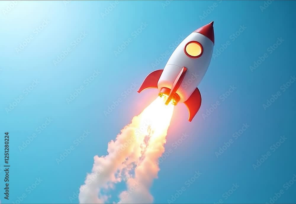 Launching Rocket with Smoke Trail on Blue Background Studio Shot Launching Rocket with Smoke Trail on Blue Background Studio Shot