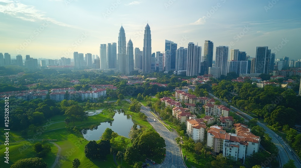 Naklejka premium Aerial view Sunrise city skyline, green park, residential area