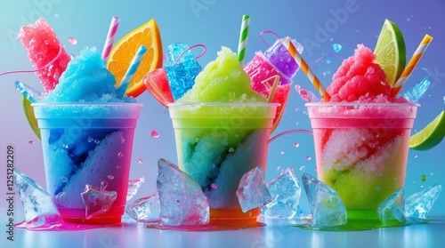 Create a vibrant, mouth-watering poster featuring colorful, refreshing slush drinks. The drinks should be in transparent cups, showcasing their icy texture with small ice crystals and condensation