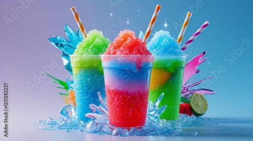 Create a vibrant, mouth-watering poster featuring colorful, refreshing slush drinks. The drinks should be in transparent cups, showcasing their icy texture with small ice crystals and condensation