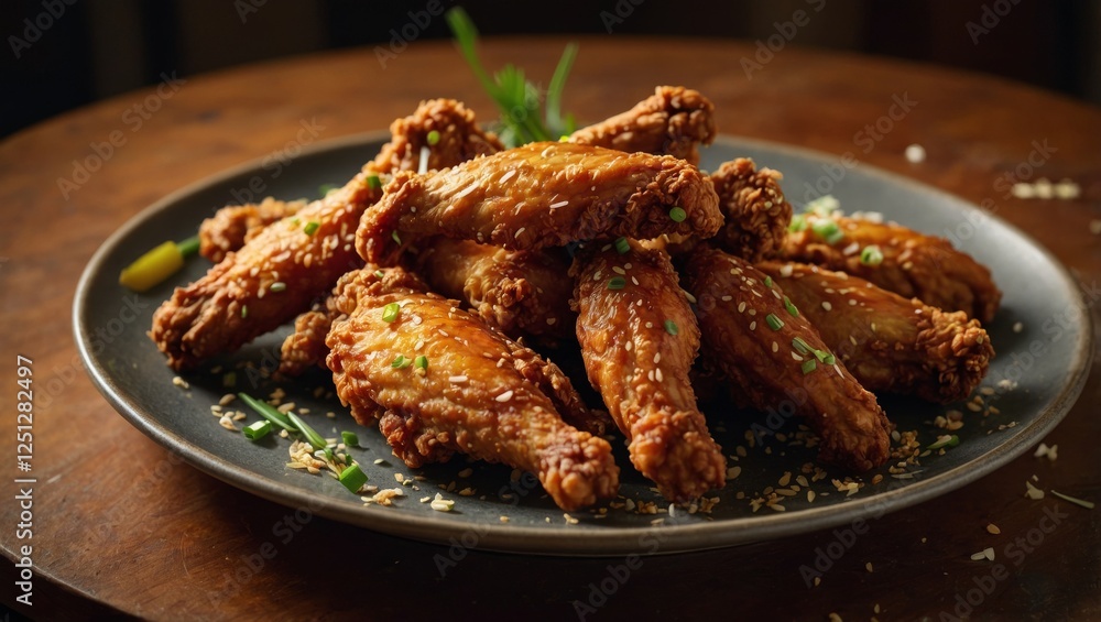 A plate of crispy, golden fried chicken wings, perfectly cooked to a golden-brown crisp. The wings are arranged neatly on the plate, with a few pieces slightly overlapping. Some wings are garnished A plate of crispy, golden fried chicken wings, perfectly cooked to a golden-brown crisp. The wings are arranged neatly on the plate, with a few pieces slightly overlapping. Some wings are garnished
