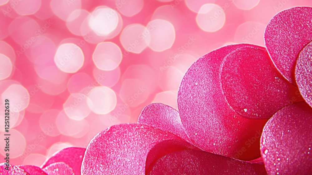 Fototapeta premium Pink glitter petals bokeh background; Valentine's, greeting card