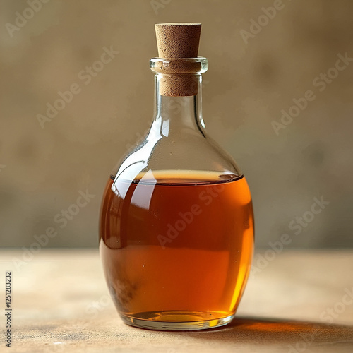 Glass large bottle with homemade wine on a wooden table next to the garden on a sunny day, close up, outdoors photo