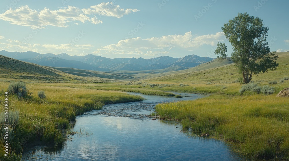 Obraz premium Serene mountain stream flows through verdant valley, clear sky
