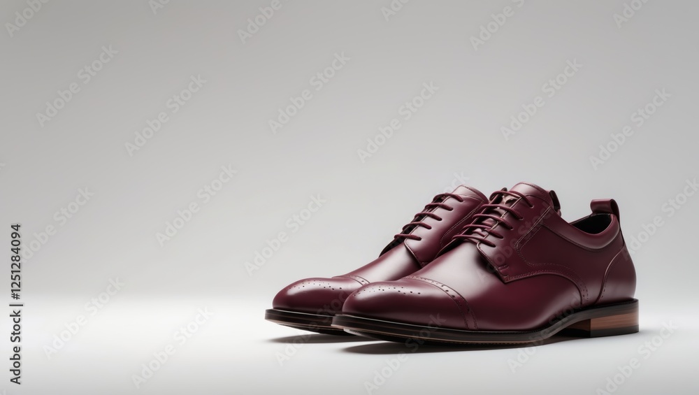 Create a photorealistic image of a pair burgundy shoes positioned sideways, viewed from the front. The shoes should be clearly visible, emphasis on details, including stitching and leather texture
