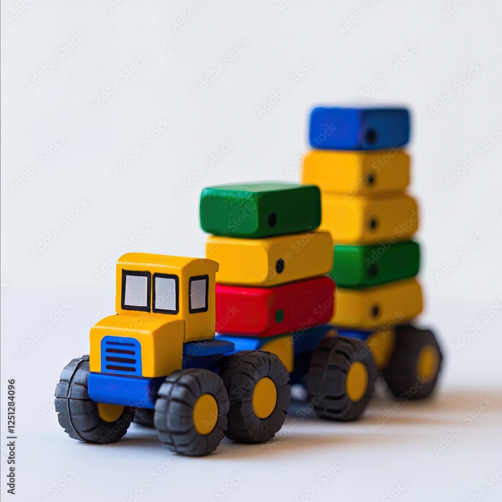 Fototapeta premium Colorful wooden toy truck carrying blocks, white background, child's play, educational toy