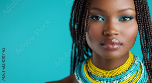 A beautiful African woman poses confidently with turquoise and yellow jewelry, emphasizing her striking features and vibrant eye makeup