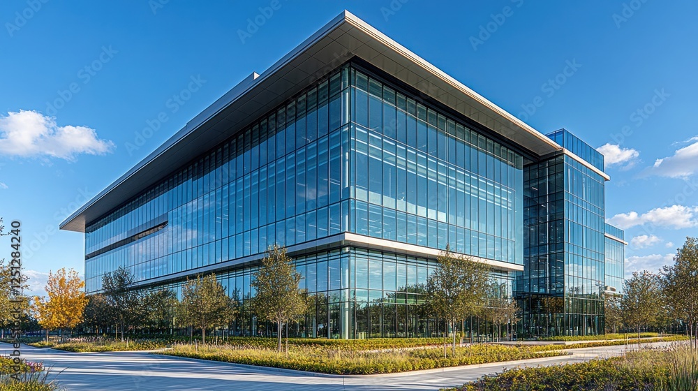 Modern glass office building, sunny day, landscaped grounds, corporate campus Modern glass office building, sunny day, landscaped grounds, corporate campus