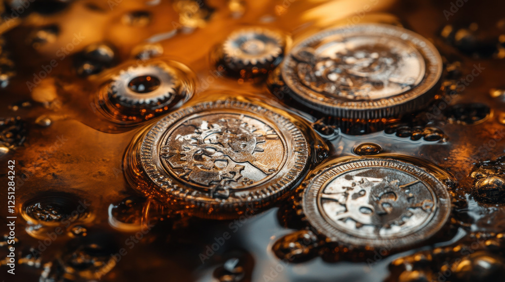 Silver coins with gears and clockwork designs partially submerged in oil Silver coins with gears and clockwork designs partially submerged in oil