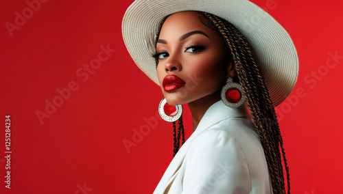 A striking Black woman showcases her elegant braided hairstyle and fashionable hat while displaying bold makeup against a vivid red backdrop