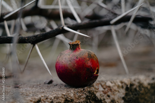 A red pomegranate against a backdrop of gray thorny branches, representing a strong contrast and opposing feelings and emotions: beauty and ugliness, pain and pleasure, tenderness and harshness