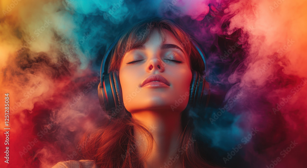 Girl with headphones savors music, her eyes closed, enveloped in a swirl of colorful smoke creating a captivating atmosphere Girl with headphones savors music, her eyes closed, enveloped in a swirl of colorful smoke creating a captivating atmosphere