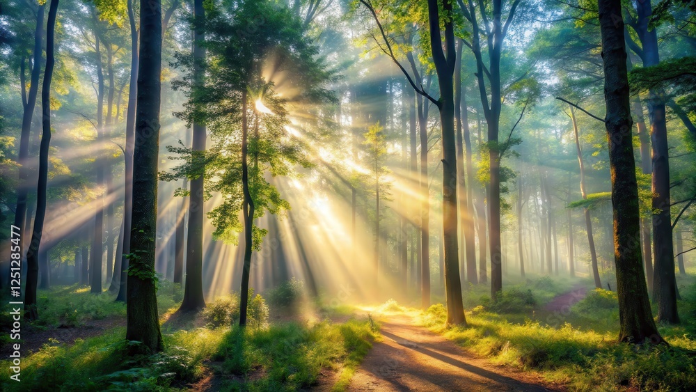 Fototapeta premium Misty forest morning with light beams filtering through dense trees creating shadows and highlights,, misty