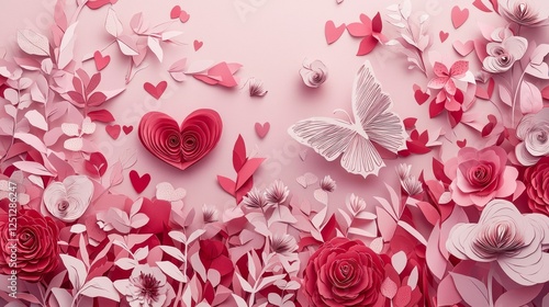 Valentine mockup card minimalist design. Heartfelt Paper Cut Artwork Roses Butterfly and Delicate Craft for Special Occasions Card Designs.