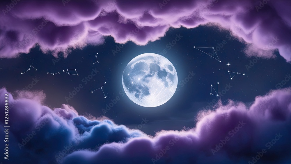 Obraz premium Full moon shining through dark clouds at night, mood and sky illustration, sky background illustration, wallpaper