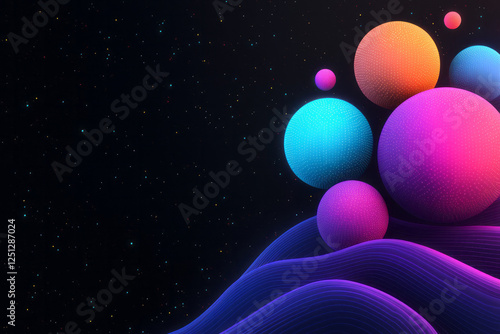 A cosmic abstract design with illuminated spheres and polygonal shapes in vivid neon, accompanied photo