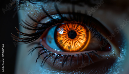 Demonic fiery eye emitting fear from dark abyss, malevolence concept