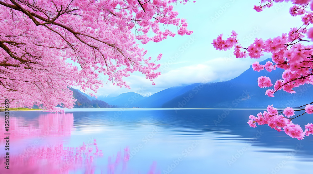 Cherry blossoms frame a serene lake, their reflections creating a stunning morning scene