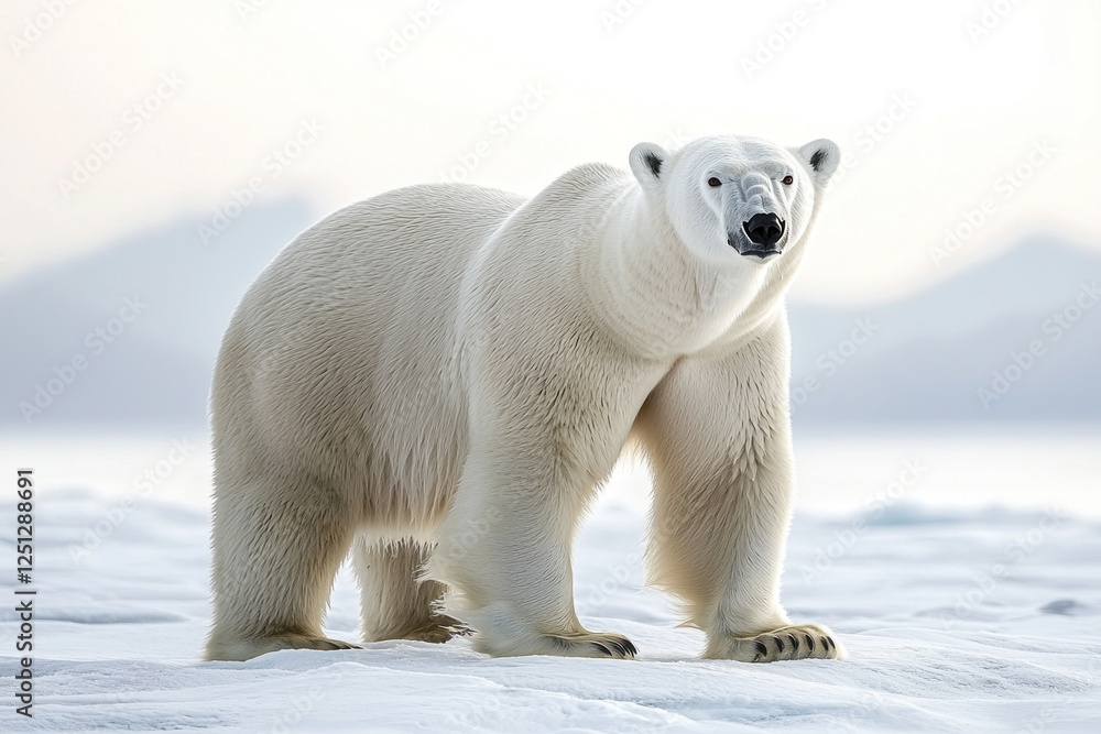 Polar bear standing on snowy arctic ice, looking forward, mountains in background Polar bear standing on snowy arctic ice, looking forward, mountains in background