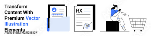 Folder with user profile data, signed prescription, and person shopping online on phone with cart. Ideal for healthcare, retail, digital business, productivity, technology, e-commerce flat landing