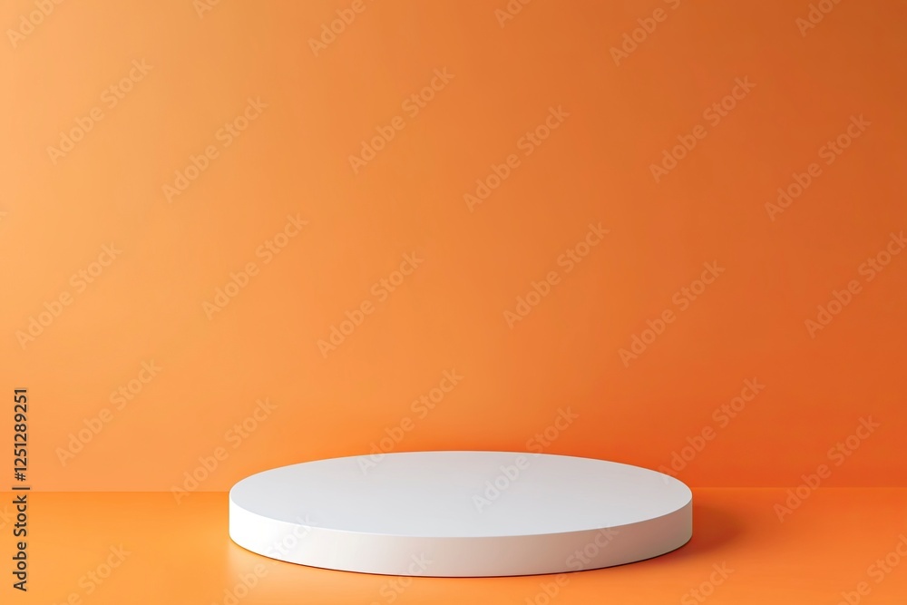 White podium on an orange background, a minimal mockup for product presentation. A mock-up pedestal stand with a copy space area. A white, round cylinder platform display stage showcase, White podium on an orange background, a minimal mockup for product presentation. A mock-up pedestal stand with a copy space area. A white, round cylinder platform display stage showcase,