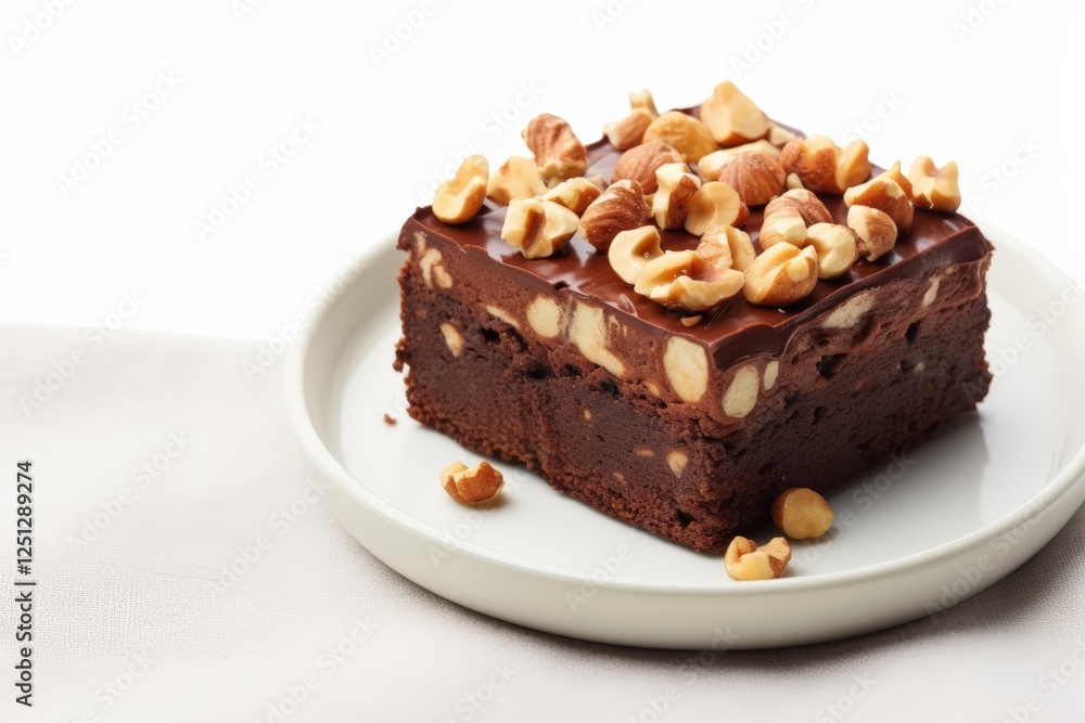 Delicious piece of chocolate brownie cake topped with nuts on a white plate, perfect for dessert lovers and sweet treats enthusiasts Delicious piece of chocolate brownie cake topped with nuts on a white plate, perfect for dessert lovers and sweet treats enthusiasts