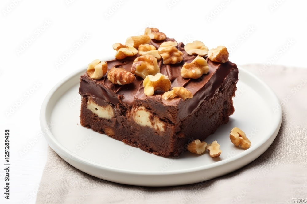Delicious Piece of Brownie Cake Topped with Nuts on a White Plate Perfect for Dessert Lovers and Baking Enthusiasts Delicious Piece of Brownie Cake Topped with Nuts on a White Plate Perfect for Dessert Lovers and Baking Enthusiasts