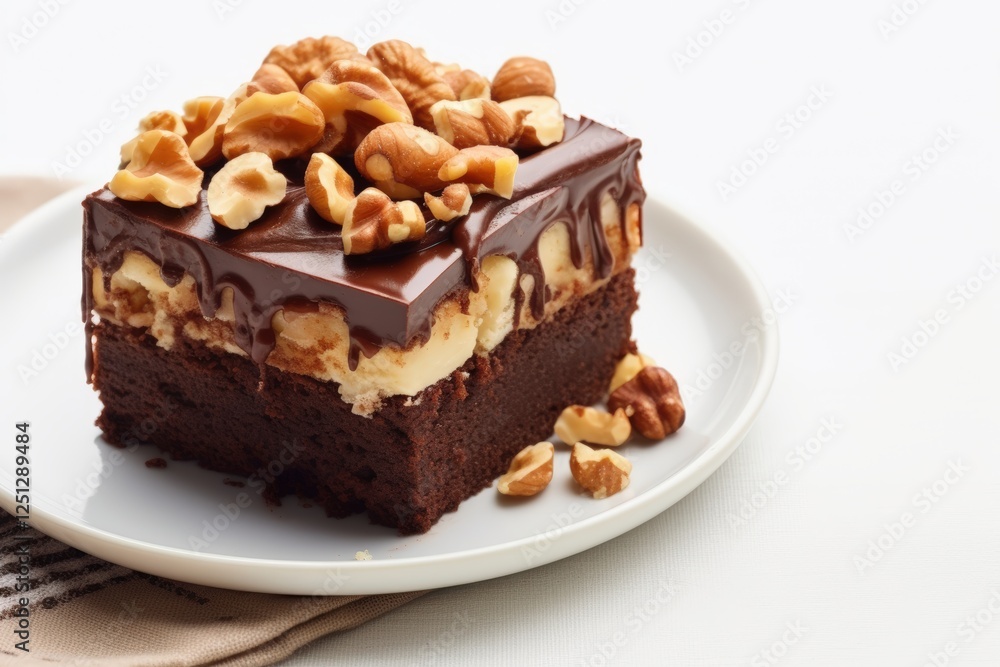 Delicious piece of brownie cake topped with chocolate and nuts on a white plate, perfect for desserts or sweet treats at any occasion Delicious piece of brownie cake topped with chocolate and nuts on a white plate, perfect for desserts or sweet treats at any occasion