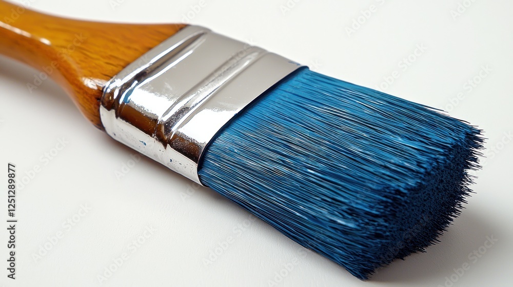 Fototapeta premium A Close Up View Of A Blue Paintbrush With Wooden Handle