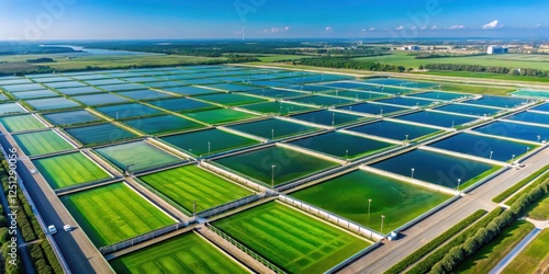 Aerial view of algae farm with clear blue skies and green algae ponds photo