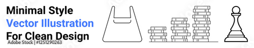 Black-and-white minimalist icons featuring a tote bag, stacked books, and a chess pawn. Ideal for education, strategy, minimalism, business, leadership learning modern design. Perfect flat landing