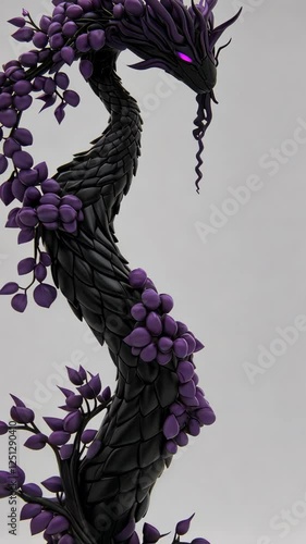 Intricate serpent sculpture adorned with purple foliage against a neutral background