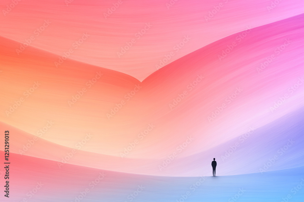 A placid composition with a heart outline merging into rolling plains, a solitary figure standing A placid composition with a heart outline merging into rolling plains, a solitary figure standing