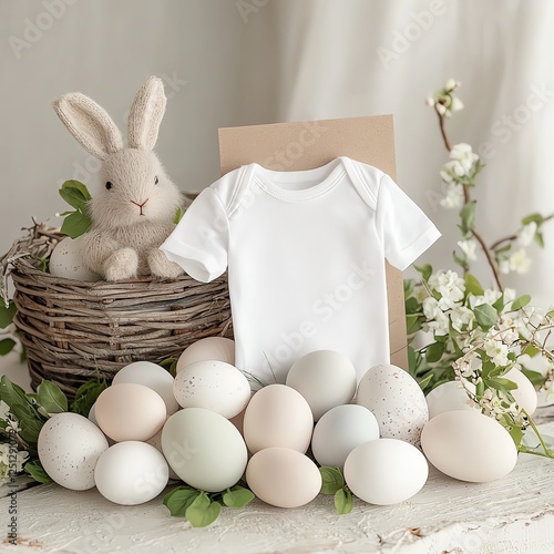 Cozy Easter Pregnancy Announcement with Pastel Spring Elements Cute bunny with eggs and a baby outfit display.