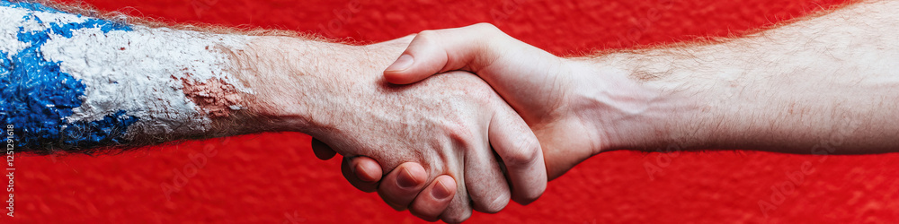 Handshake with Blue and White Paint on Forearm Handshake with Blue and White Paint on Forearm