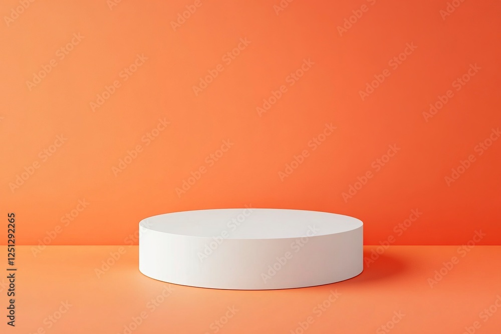 White, round podium on an orange background with copy space for product presentation, a mock-up design template. A mockup banner for the display of goods, advertising, and sale products. White, round podium on an orange background with copy space for product presentation, a mock-up design template. A mockup banner for the display of goods, advertising, and sale products.
