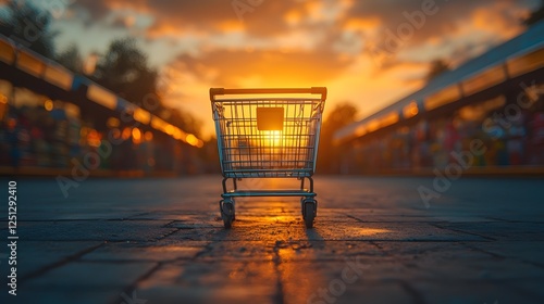 Dramatic sunset casts warm golden hues on an empty shopping cart parked outside a grocery store with soft shadows on the pavement and a slightly blurred background creating a contemplative