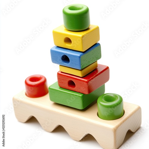 Colorful wooden blocks stacked on base, child's play, white background, educational toy photo