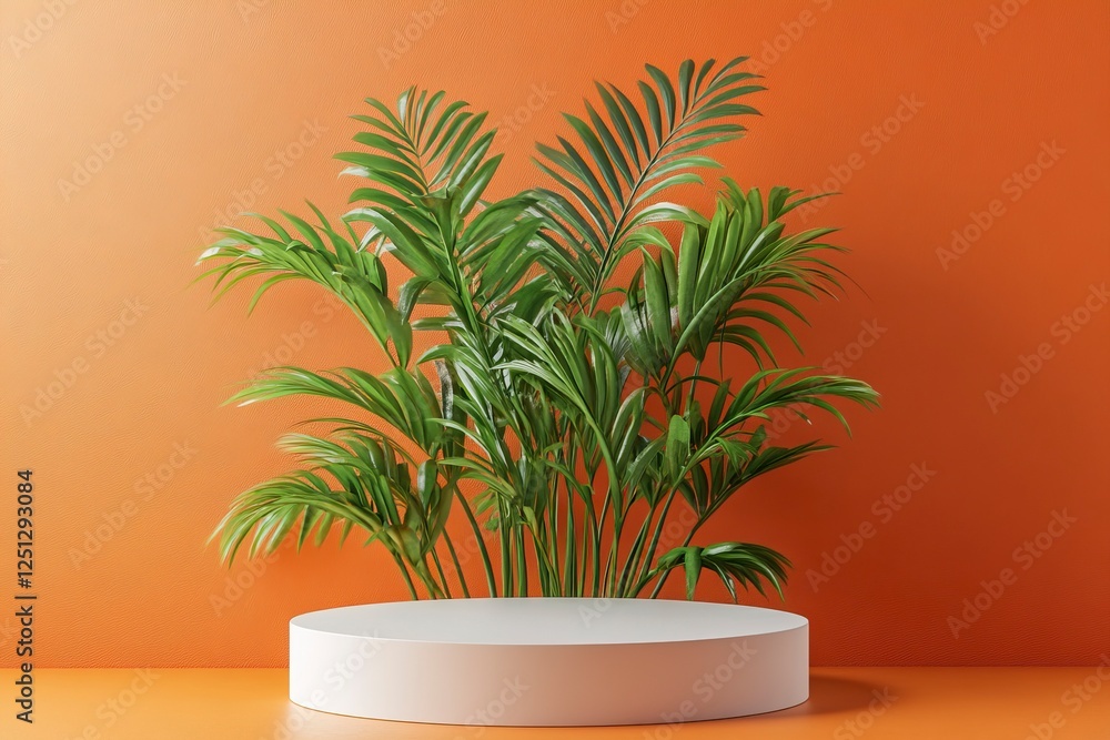 Obraz premium White, round podium on an orange background with copy space for product presentation, mock-up design. Minimal, abstract geometric composition, high-resolution photography, stock photo.