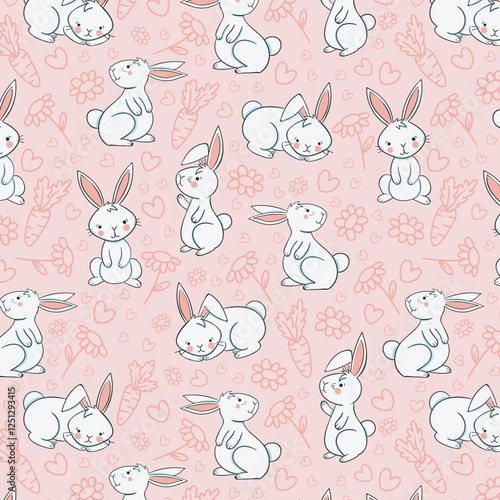 Floral wallpaper with hares. Animal concept. Trendy pattern. Can be used as wallpapers, wrapping paper, cards, etc. Hygge style.