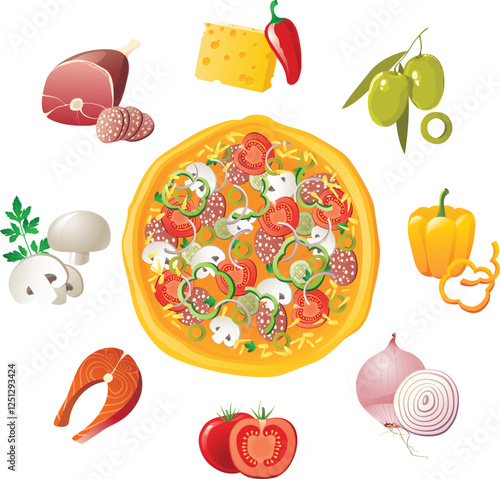 Delicious pizza with various fresh ingredients arranged around the center perfect for food branding restaurant menus and culinary designs vector illustration

