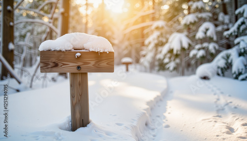 Wallpaper Mural Trail marker covered in snow on forest path at sunset, winter hiking Torontodigital.ca