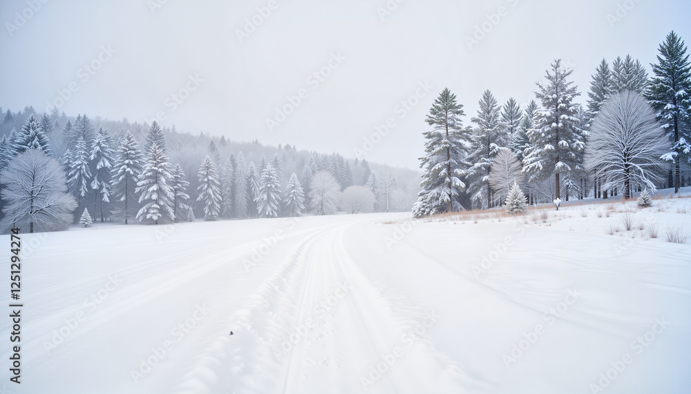 Obraz premium Serene snowy hiking path under light snowstorm, winter wilderness
