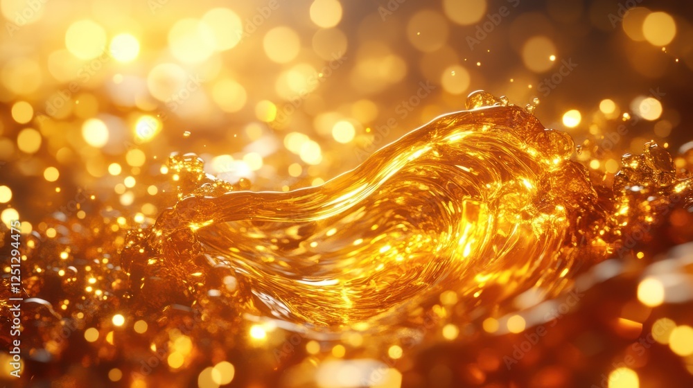 Golden liquid splash, bokeh background, advertising Golden liquid splash, bokeh background, advertising