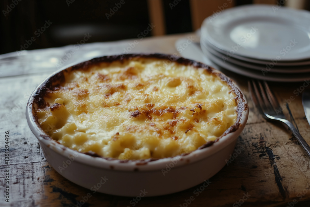 Creamy Baked Mac and Cheese on a Rustic Wooden Table – Comfort Food Dish Creamy Baked Mac and Cheese on a Rustic Wooden Table – Comfort Food Dish
