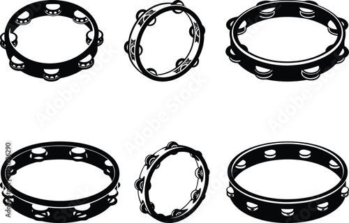 Tambourine or Wooden Tambourine with Brass Jingles silhouette and line art vector illustration design, Tambourine vector icon design